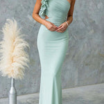 Frill One Shoulder Sleeveless Cut Out Waist Mesh Maxi Dress