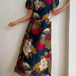Margovil Puff Sleeve Cut Out Waist Floral Maxi Swing Dress