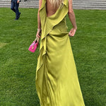 Margovil High Slit Back Drape Cascading Satin Maxi Cami Dress