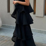 Margovil Adjustable Strap Ruffle Layered Satin Maxi Dress