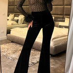 Margovil Feather Cuffs Bell Bottom Velvet Splice Jumpsuit