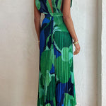 Margovil V Neck Waisted Back Cut Out Printed Maxi Pleated Dress
