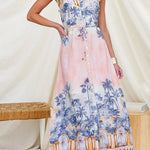 Spaghetti Strap Scenic Print Lace Trim Button Front Maxi Dress