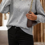 Crewneck Drop Shoulder Rhinestone Detailed Pullover Sweater