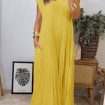 A-Line High Waisted Pleated Pockets Solid Color Split-Joint Round-Neck Maxi Dresses