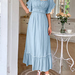 A-Line High Waisted Pleated Ruffle Trim Split-Joint Zipper Square-Neck Midi Dresses