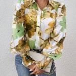 Long Sleeves Loose Buttoned Elasticity Flower Print Pleated Lapel Blouses&Shirts Tops