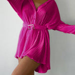 Long Sleeves Buttoned Pleated Solid Color Tied Waist Lapel Mini Dresses Shirt Dress