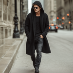 Men's Autumn And Winter Fashion Solid Color Cotton Yarn Knitted Long Hooded Cardigan