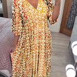 Bohemian casual print V-neck waist wrap long dress