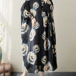 Loose Three-quarter Sleeves Buttoned Flower Print Stand Collar Midi Dresses