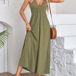 A-Line Loose Pleated Solid Color Split-Joint Deep V-Neck Maxi Dresses