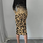 Bodycon Long Sleeves Contrast Color Leopard Shiny Split-Joint Round-Neck Midi Dresses