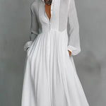 A-Line High Waisted Buttoned Pleated Pockets Solid Color Split-Joint Stand Collar Maxi Dresses Shirt Dress