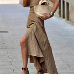 Retro Unique Striped Print Ruched Slit Linen Maxi Dress