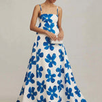 A-Line High Waisted Backless Contrast Color Flower Print Split-Joint Spaghetti-Neck Maxi Dresses