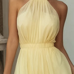 Soft Yellow Halter Neck Chiffon Mini Dress With Layered Skirt