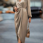 Loose Puff Sleeves Pleated Solid Color Split-Joint V-neck Midi Dresses