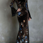 Elegance Midnight Velvet Floral Gown With Lace Trim