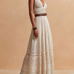 Boho Chic Ivory Crochet Halter Maxi Dress With Waist Belt