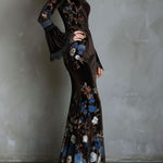 Elegance Midnight Velvet Floral Gown With Lace Trim