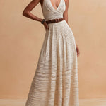 Boho Chic Ivory Crochet Halter Maxi Dress With Waist Belt
