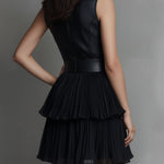 Chic Black Eco Leather & Pleated Chiffon Tiered Skirt Mini Dress