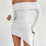 Bodycon High Waisted Asymmetric Drawstring Pleated Solid Color Split-Joint Off-The-Shoulder Mini Dresses