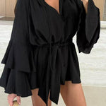 Flared Sleeves Loose Lace-Up Pleated Solid Color Split-Joint Tiered Round-Neck Mini Dresses