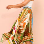 Summer Destination Satin Unique Print Elastic Waist Irregular Hem Maxi Skirt