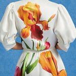 Loose Puff Sleeves Floral Printed Pleated Split-Joint Lapel Blouses&Shirts Tops