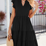 Loose Ruffle Sleeves Pleated Pockets Solid Color Split-Joint V-Neck Midi Dresses