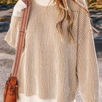 Bright Pink Striped Contrast Trim Loose Sweater