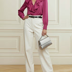 Long Sleeves Loose Ruffle Trim Solid Color V-Neck Blouses&Shirts Tops