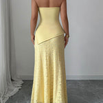 Bodycon Irregularity Lacy Pleated Solid Color Split-Joint Tube Maxi Dresses