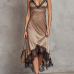 Vintage Contrast Lace Trim Irregular Hem Polyester Satin Midi Dress