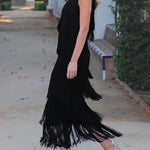 Loose Sleeveless Asymmetric Solid Color Split-Joint Tasseled One-Shoulder Maxi Dresses