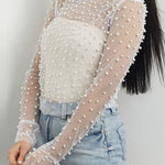 Pearl-Embellished Mesh Long-Sleeved Top