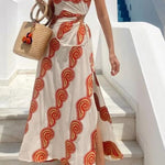 Enjoy A Sunny Linen Blend Shell Print One Shoulder Cutout Waist Tie-up Slit Maxi Dress