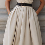 Sleeveless High-Neck Belted A-Line Midi Dress