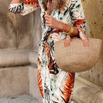 Tropical Plant Print V-Neck Twisted Waist Slit Maxi Dress