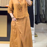 Women's Casual Cotton And Linen Crew Neck Top and Skirt Set