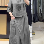 Women's Casual Cotton And Linen Crew Neck Top and Skirt Set