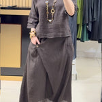 Women's Casual Cotton And Linen Crew Neck Top and Skirt Set