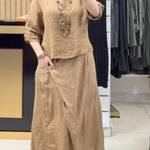 Women's Casual Cotton And Linen Crew Neck Top and Skirt Set