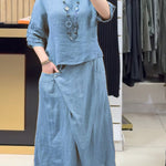 Women's Casual Cotton And Linen Crew Neck Top and Skirt Set