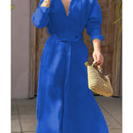 Women's Waisted Linen Cotton Long Sleeve Dress