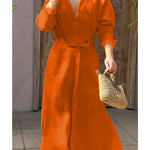 Women's Waisted Linen Cotton Long Sleeve Dress