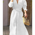Women's Waisted Linen Cotton Long Sleeve Dress