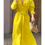 Women's Waisted Linen Cotton Long Sleeve Dress